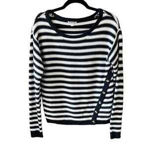 Garnet Hill Sz S 100% Cotton Blue White Stripe Beachy Knit Sweater Button Detail
